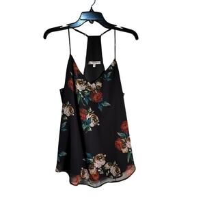 Lavender Brown Women's Black Floral Print V-Neck Sleeveless Tank Top Size Large
